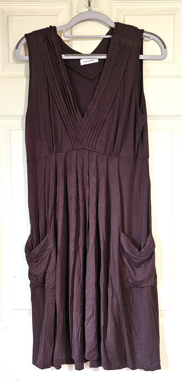 Calvin Klein Brown Sleeveless Midi Dress Pockets Pleated V Neck Women's 12